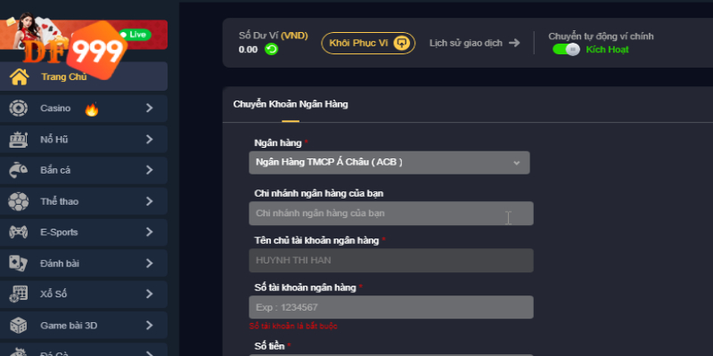 Điền thông tin theo form yêu cầu để rút tiền tại DF999